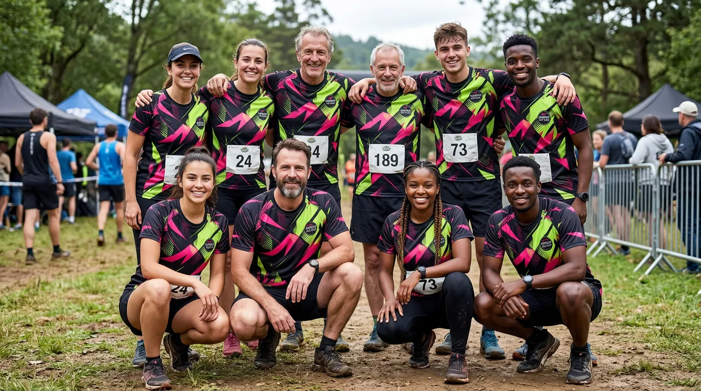 Equipo de corredores con camisetas técnicas personalizadas full print en una carrera